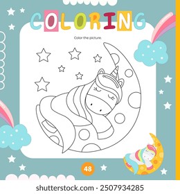 Coloring page for kids cute unicorn sleeps on the moon. Preschool printable game for Activity book Unicorns. Vector illustration. Square format.