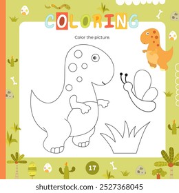 Coloring page for kids Dino and butterfly. Preschool printable game for Activity book Dinosaurs. Vector illustration. Square format. Page for coloring book.