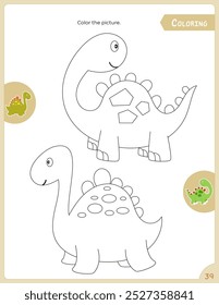 Coloring page for kids Dino. Preschool printable game for Activity book Dinosaurs. Vector illustration. Page for coloring book.