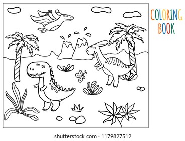 Coloring page for kids dinosaurs, kids book. Funny dino. Vector illustration