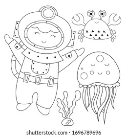 Coloring page for kids. Diver, jellyfish, crab underwater. Vector illustration. Funny coloring book for kids.