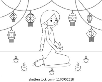 Coloring page for kids  Diwali: Festival lights  Indian woman and candles  Vector illustration