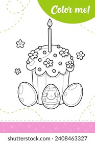 Coloring page for kids with Easter cake and eggs.
A printable worksheet, vector illustration.