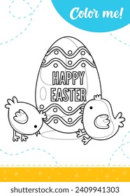 Coloring page for kids with easter egg and chickens.
A printable worksheet, vector illustration.