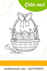 Coloring page for kids with Easter eggs in a basket.
A printable worksheet, vector illustration.
 