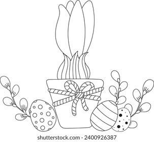 Coloring Page For Kids, Easter Theme - Flower Pot With Primrose Sprout, Easter Eggs And Willow. Vector Illustration. Black And White Coloring Book For Printing.