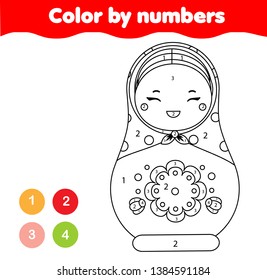 Coloring page for kids. Educational children game. Color by numbers. Easter theme activity. Russian nesting doll matreshka