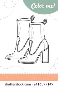 Coloring page for kids with fashionable women's boots.
A printable worksheet, vector illustration.