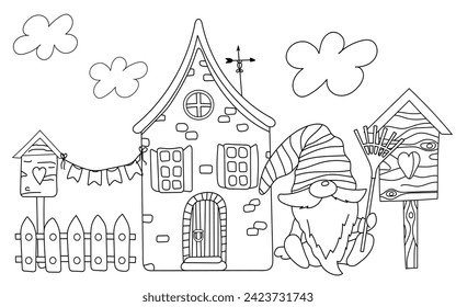 Coloring Page For Kids Features A Gnome Near His House With A Birdhouse And Rake, Perfect For Creative Coloring Book