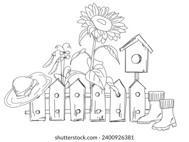 Coloring Page For Kids Features A Hand-Drawn Garden Theme With A Birdhouse Behind A Fence, Sunflower, Straw Hat, And Rubber Boots All In A Printable Black And White Vector Illustration