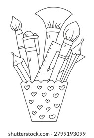 Coloring Page For Kids Featuring A Cup With Brushes And Pencils
