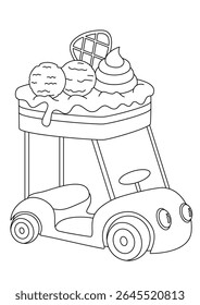 Coloring page for kids featuring a cute ice cream truck golf cart with ice cream scoops and waffle toppings. Whimsical cartoon food vehicle line art vector illustration for children's activity book.