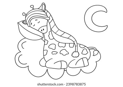 Coloring Page For Kids Featuring A Sleeping Giraffe In A Cap On A Cloud Pillow, Perfect For Children'S Creativity, And Comes As A Vector Illustration In A Coloring Book