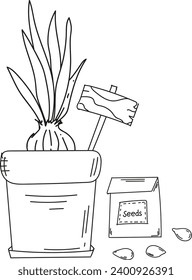 Coloring Page For Kids Featuring A Spring Theme With A Sprouted Bulb In A Pot And A Seed Packet, Presented As A Black And White Vector Illustration For A Coloring Book