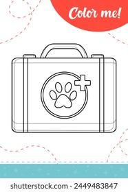 Coloring page for kids with first aid kit for pets.A printable worksheet, vector illustration.