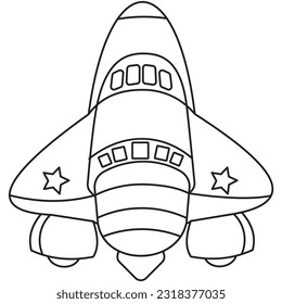 Coloring page for kids. Flat vector illustration of a space shuttle. The lines are bold, and uniform in thickness. The space shuttle is a vector cartoon with a childish style. 