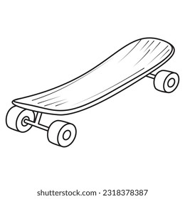 Coloring page for kids. Flat vector illustration of a skateboard. The lines are bold, and uniform in thickness. The skateboard is a vector cartoon with a childish style. 