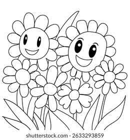 Coloring page for kids flowers kawaii smiling, coloring book for children doodle