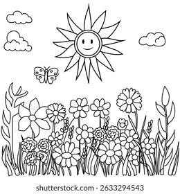 Coloring page for kids flowers kawaii smiling and sun , coloring book for children doodle