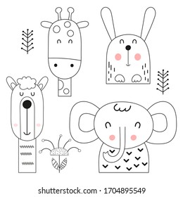 Coloring page for kids. Forest animals - giraffe, elephant, llama, hare. Vector illustration. Funny coloring book for kids.
