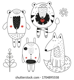 Coloring page for kids. Forest animals - bear, tiger, fox, hare. Vector illustration. Funny coloring book for kids.