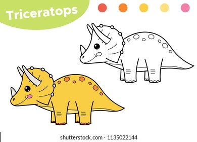 Página de colorear para niños. Divertido dinosaurio Triceratops. Carácter dibujado a mano.  Juego educativo. Ilustración vectorial.