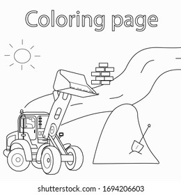 Coloring page for kids.  Game for kids. Excavator