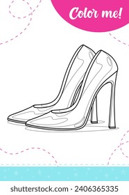 Coloring page for kids with girls high heel shoes.
A printable worksheet, vector illustration.