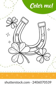 Coloring page for kids with good luck symbols-clovers and horseshoe.
A printable worksheet, vector illustration.