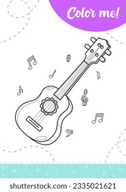 Coloring page for kids with guitar and musical notes.
A printable worksheet, vector illustration.