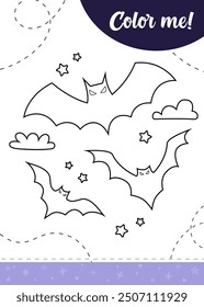 Dibujo para colorear para niños con murciélagos de Halloween, nubes y estrellas. Una hoja de trabajo imprimible, Ilustración vectorial.
