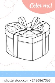 Coloring page for kids with a heart shaped gift box. A printable worksheet, vector illustration.