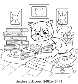 Coloring page for kids with kawaii cat character reading book