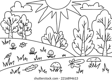 Coloring page for kids. Landscape with sun, trees, bushes, mushrooms. Hand drawn illustration in doodle style. Activity sheet.