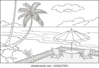 Coloring Page for Kids - Landscape of Tropical Beach with Lounge and Coconut Trees. vector illustration isolated on white background