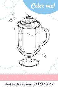 Coloring page for kids with latte cup.
A printable worksheet, vector illustration.
