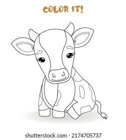 Coloring page for kids with little cute cow. Color it vector illustration