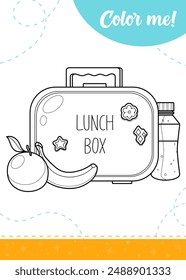 Coloring page for kids with lunch box and different snack. A printable worksheet, vector illustration.	