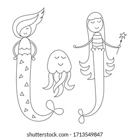 Coloring page for kids. Marine life - cute mermaid princess and cool jellyfish. Vector illustration. Funny coloring book for kids.