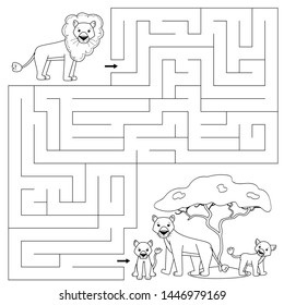 Coloring page for kids. Maze game. Cute cartoon lion find right way to his family. African animals.