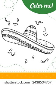 Coloring page for kids with mexican hat and colorful confetti.A printable worksheet, vector illustration.