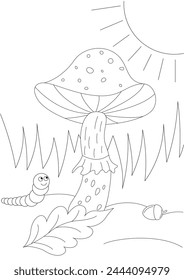 coloring page for kids with mushroom in grass
