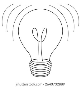 Coloring page for kids with outline drawing of glowing light bulb. Symbol of idea, creativity and learning. For entertaining kids, back to school or education black and white design printable, DIY.