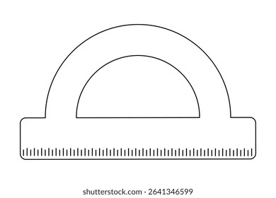 Coloring page for kids with outline drawing of protractor ruler. Educational tool for measuring and drawing. For entertaining kids, back to school or education black and white design printable, or DIY