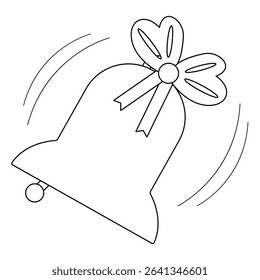 Coloring page for kids with outline drawing of school bell with bow. Back to school celebration symbol. For entertaining kids, back to school or education black and white design printable, DIY craft.