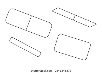 Coloring page for kids with outline vector drawing of erasers set. For entertaining kids, back to school or education black and white printable design, DIY craft, educational concept, classroom decor.