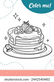 Coloring page for kids with pancakes and berries. A printable worksheet, vector illustration.
