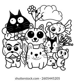 Coloring page for kids with pets,  Coloring book for children cat, dog, fish, flower illustration vector flat