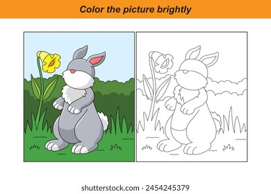 Coloring page for kids. Rabbit vector illustration clipart. Nature background.