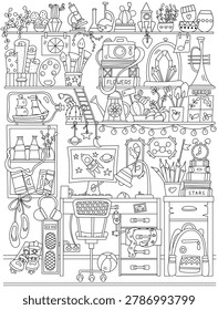 Coloring Page With A Kids' Room Features A Computer Desk And Shelves Filled With Numerous Items For Studying And Hobbies